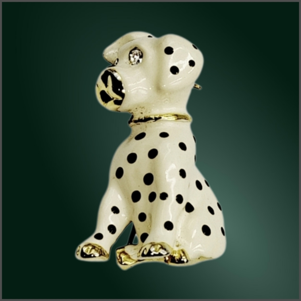 Dalmatian Enamel Gold Tone Seated Dog Brooch - Picture 6 of 7